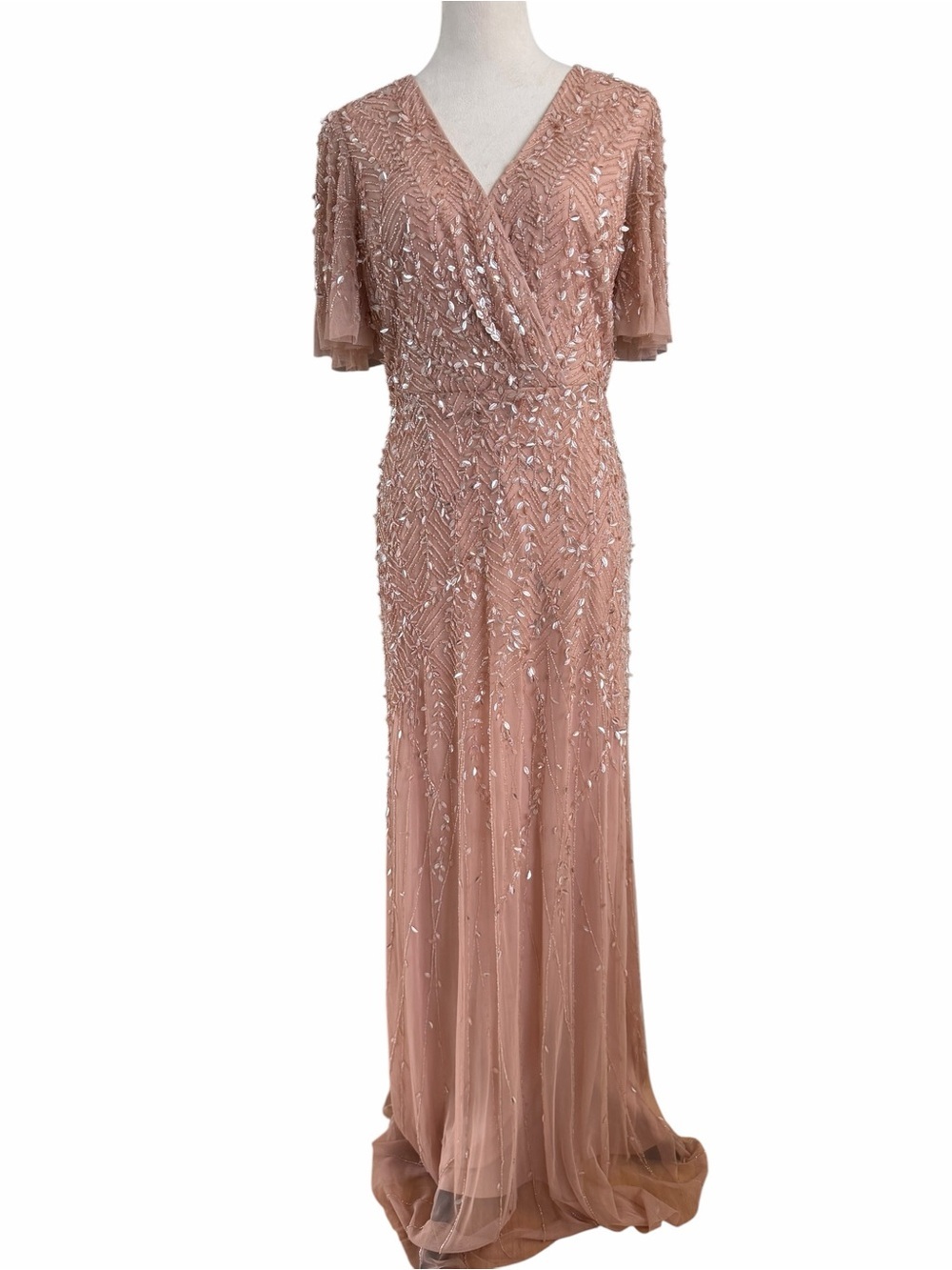 Mac Duggal Embellished Flutter Sleeve Blush Pink Beaded Maxi Gown - Picture 4 of 9